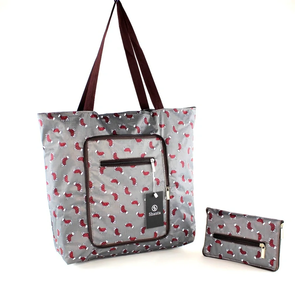 Gray With Red Portable Foldable Zippered Tote Bag Lightweight For Everyday Use